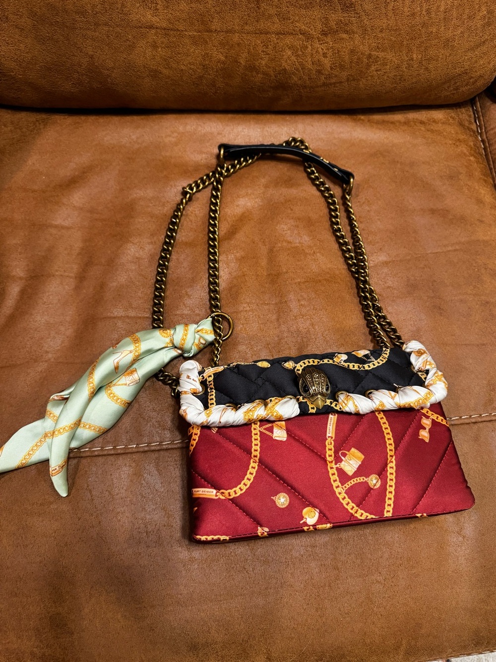 Kurt Geiger Quilted Red and Black Chain Shoulder Bag with Scarf Accent